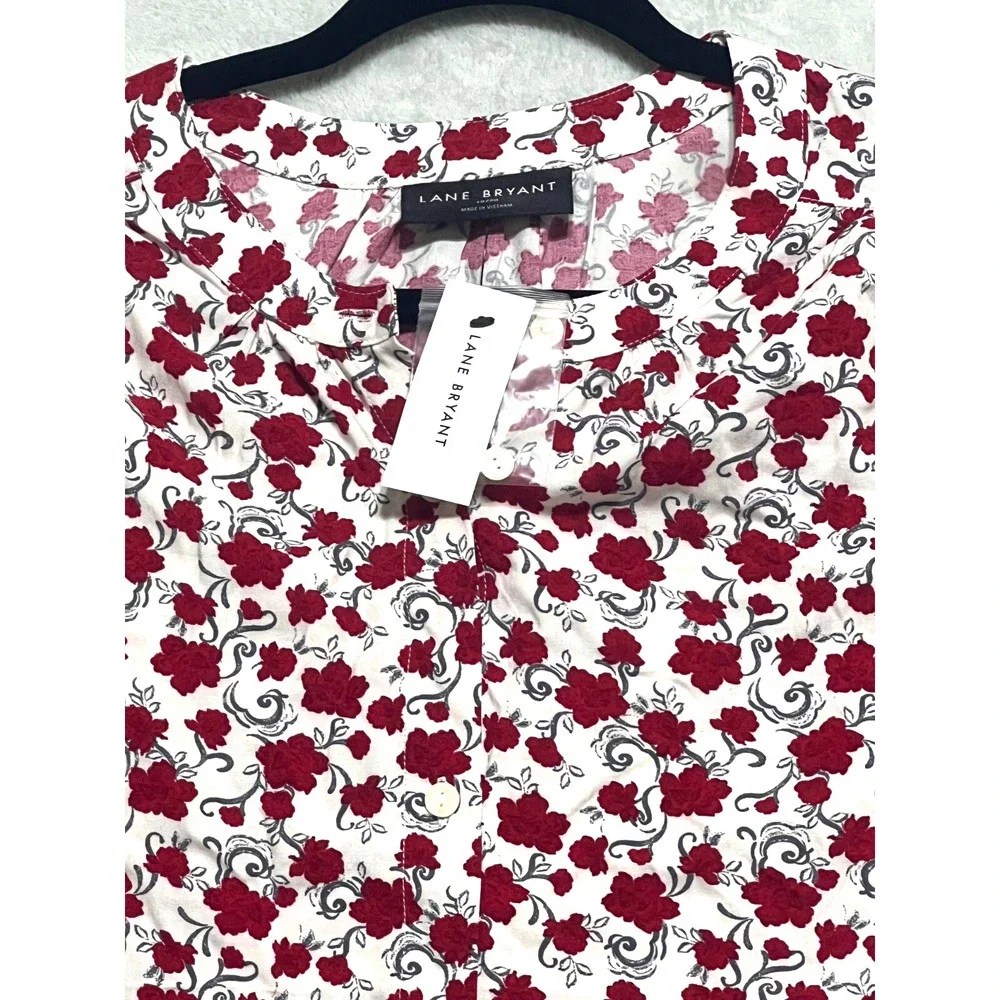 Lane Bryant Red Floral Button Down Blouse‎ 18/20 Rayon Plus Size Top 3/4 sleeve - Picture 2 of 5